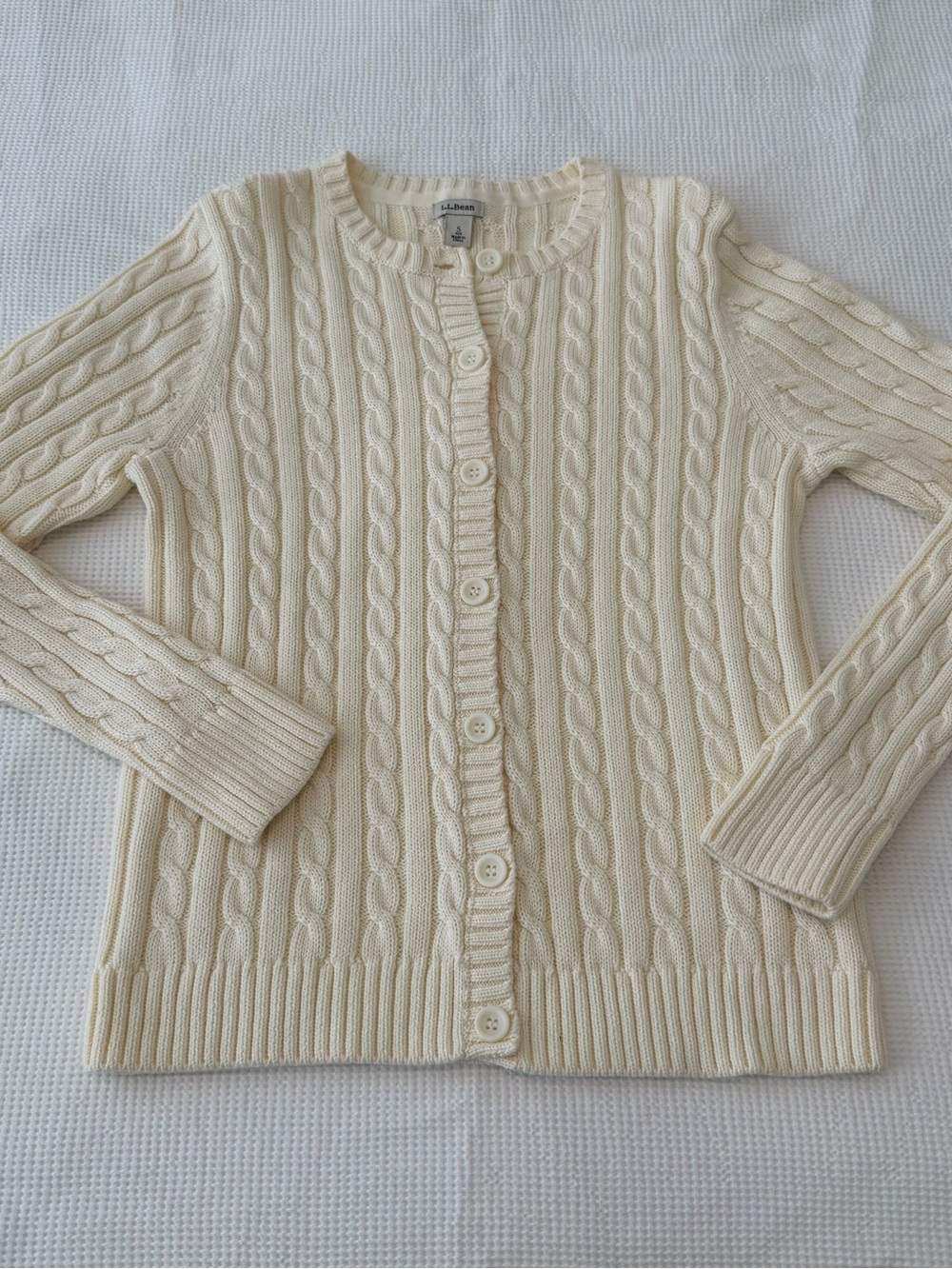 L.L. Bean Cream Cotton Cable-Knit Button-Front Cardigan